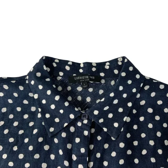 Lafayette 148 Linen Button Front Shirt L Blue Polka Dot - Picture 5 of 16